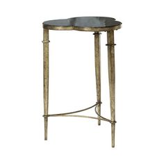 a metal and glass side table with an oval design on the top, against a white background