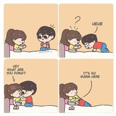 a comic strip with two people sitting at a table and one is hugging the other