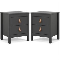 pair of nightstands with two drawers in dark grey and gold finish, side by side