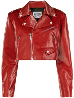 red faux leather coated finish logo-engraved buttons branded zip puller silver-tone hardware notched collar off-centre front zip fastening epaulettes long sleeves cuff zips multiple zip-fastening pockets faux front flap pocket full lining straight hem cropped Pngtuber Ideas, Red Jacket Outfit, Red Cropped Jacket, Red And Black Outfits, Cropped Biker Jacket, Moschino Jeans, Faux Leather Coat, Zip Puller, Cape Coat