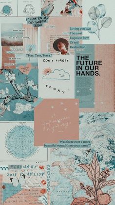 a collage of various images with words and pictures on them, all in different colors