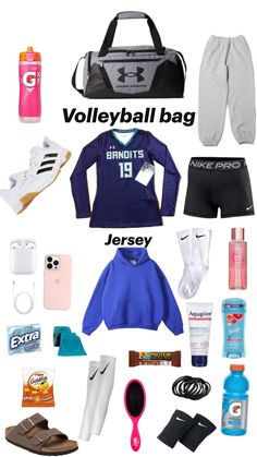 the volleyball bag is packed with items to pack for the next game, including shoes, socks and water bottles