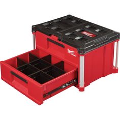 a red tool box with two drawers on the bottom and one drawer in the middle