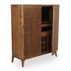 a wooden cabinet with drawers on one side and two doors open to reveal wine storage