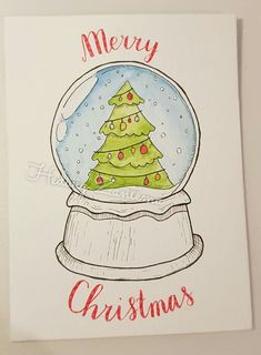 a watercolor drawing of a christmas tree in a snow globe