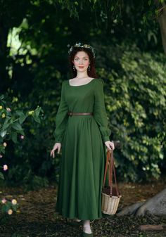 "This Vintage inspired Medieval dress Crafted with soft cotton linen in green hues, featuring pleated detail on the waist, this Long sleeve maxi dress will give you a perfect silhouette. This is a sophisticated, simple, timeless but also somehow contemporary. Wear this green dress for your leisurely life. DETAIL * Medium weight cotton linen blend fabric (50% Linen, 50% Cotton) * No lining, Don't see through * Two side seam pockets * Pleat detailed shoulder * Long Lantern sleeve * Right side zipp Fitted Dark Green Floor-length Dress, Dark Green Fitted Floor-length Dress, Fitted Green Maxi Dress For Fall, Green Fitted Maxi Dress For Fall, Green Long Sleeve Maxi Dress For Fall, Green Maxi Dress For Fall, Elegant Dark Green Long Sleeve Maxi Dress, Fitted Green Chiffon Maxi Dress, Green Fitted Maxi Dress