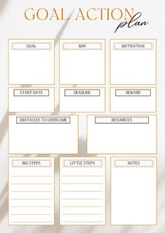 Comprehensive Goal Action template all in one Planning Goals Ideas, Goals Chart Ideas, Action Plan Template Business, Diy Goal Tracker, Life Goals Worksheet, Plan Of Action Goal Settings, Plan Of Action Template, Goals Action Plan, Goal Tracking Ideas