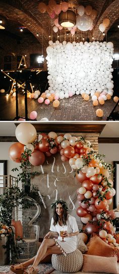 two photos with balloons and a woman sitting on a couch in front of a wall