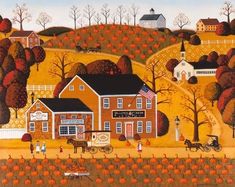 a painting of a farm scene with houses and horses in the foreground, pumpkins on the ground