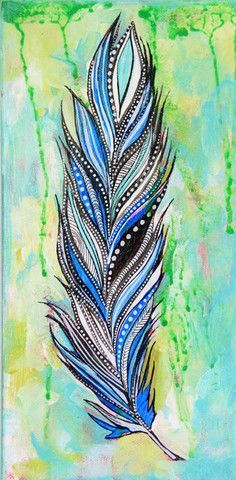 a painting of a blue feather on a green and yellow background with watercolors