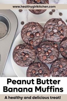 chocolate peanut butter banana muffins on a plate