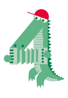 a green alligator with a red hat on it's head is holding the number four