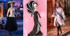 barbie dolls are shown in three different poses, one is wearing a dress and the other has a hat