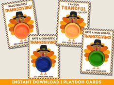 four thanksgiving cards with an image of a turkey wearing a hat and holding a frisbee