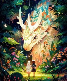 two people are standing in front of a dragon with flowers and leaves on its head