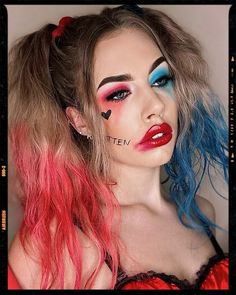 Halloween Makeup Looks Inspiration - Harley Quinn Makeup Looks Halloween Face Paint Ideas, Halloween Face Paint, Harley Quinn Halloween Costume, Face Paint Ideas, Halloweenský Makeup, Cute Halloween Makeup