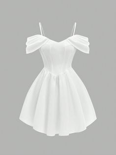 White Elegant Collar Short Sleeve Woven Fabric Plain Fit and Flare Embellished Non-Stretch  Women Clothing White Nice Dresses, Prom Dresses Short Off Shoulder, Short Dresses Styles For Women, White Dresses Hoco, Dresses For 13 Yo, Graduation Dresses For 8th Grade Simple, Casual White Dress Short, Grade 8 Graduation Dresses Short, Simple Pretty Dresses