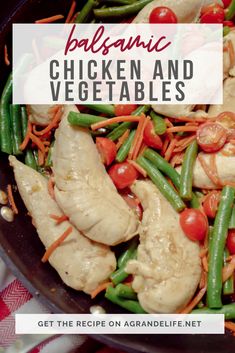 chicken and vegetables in a skillet with text overlay