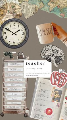 a collage of books, magazines and clocks with the words teacher written on them