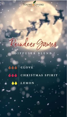 Diffuser Blends Young Living, Christmas Diffuser Blends, Eo Blends, Essential Oil Combinations, Essential Oil Diffuser Blends Recipes, Reindeer Games, Young Living Essential Oils Recipes, Essential Oils Guide, Essential Oil Diffuser Recipes