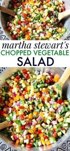 two pictures of chopped vegetables in a skillet with wooden spoons and text overlay that reads martha stewart's chopped vegetable salad