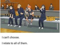 an image of people sitting at a table with anime characters on it and the caption says, can't choose related to all of them