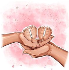 two hands holding a baby's feet in front of a pink watercolor background