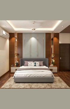 a large bed sitting in the middle of a bedroom next to a wall mounted air conditioner