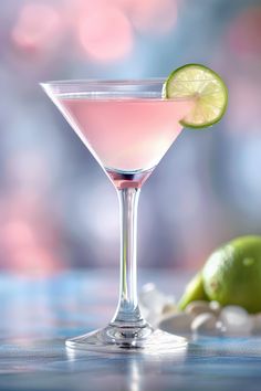 a pink drink with a lime slice on the rim