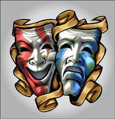 two colorful masks with faces painted on them