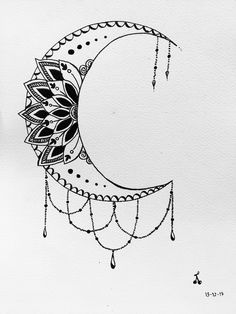 a drawing of a crescent with flowers on it