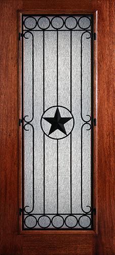 a wooden door with an iron star on the glass and metal bars around it's perimeter