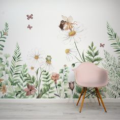 Fairy Garden - Magical Flowers and Fairies Watercolour Illustration Wallpaper Mural with Pink Chair Fairy Garden Wallpaper, Basement Mural, Fairy Mural, Garden Wall Mural, Girl Nursery Wallpaper, Magical Flowers, Ancient House, Believe In Fairies, Rumpus Room