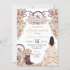 a wedding card with an image of a woman in a dress and cowboy boots on it