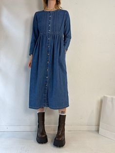 "- Eddie Bauer long sleeve button up dress - 100% cotton - Made in Thailand - Tagged XS Bust: 18.5\" Waist: 15\" Length: 46\"" Long Sleeve Denim Blue Dress With Buttons, Button-up Cotton Denim Dress With Pockets, Button-up Denim Dress With Pockets, Cotton Button-up Denim Dress With Pockets, Fitted Long Sleeve Denim Dress With Button Closure, Long-sleeved Denim Dress With Buttons, Long Sleeve Medium Wash Denim Dress With Pockets, Denim Blue Long Sleeve Dress With Buttoned Pockets, Long Sleeve Denim Dress With Buttoned Pockets