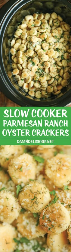 slow cooker parmesan ranch oyster crackers in a crock pot with text overlay