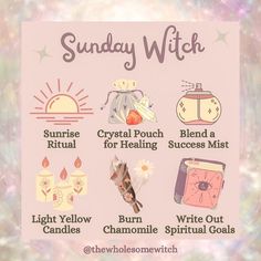 Christian Witch Spells, Witch Weekly Schedule, Sunday Witch, Solar Witch Aesthetic, Sun Witch Aesthetic, Sunday Magick, Witchcraft Kitchen, Wholesome Witch, Daily Witchcraft