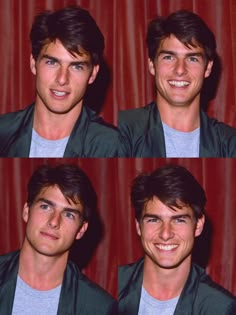 four different pictures of a man smiling and posing for the camera in front of a red curtain