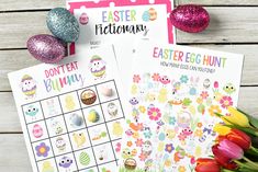 two easter egg hunt printables next to tulips