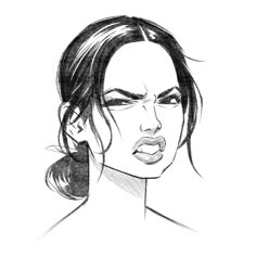 a black and white drawing of a woman's face with her hair pulled back