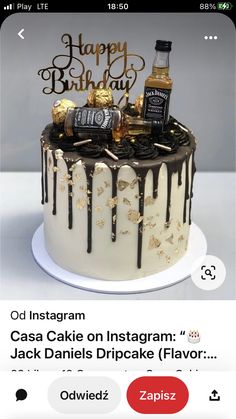 a birthday cake with chocolate icing and gold decorations on top is featured in an instagram