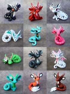 many different types of dragon figurines are shown in this image, all with different colors and shapes