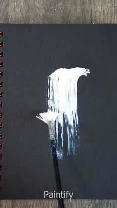 a white paint brush sitting on top of a black notebook with the word paintfly written in it