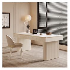 a white desk and chair in a room