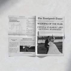 a wedding crossword puzzle is displayed on a magazine page with the bride and groom kissing