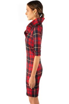 Tartan Ruffle Neck Dress The Tartan Ruffle Neck Dress blends the classic charm of tartan with modern elegance, perfect for both casual outings and stylish events. Made from a premium acrylic-wool blend, it combines wool's warmth with acrylic's durability, offering easy care and long-lasting wear. With over 5000 tartan variations to choose from, this dress allows you to showcase a design that reflects your heritage or personal taste. The chic 35-inch length, 3/4 sleeves with turn-back cuffs, and Fitted Plaid Dress With Ruffles, Elegant Plaid Dresses With Ruffles, Fitted Plaid Winter Dress, Classic Fitted Plaid Dress, Chic Plaid Dress With Ruffles, Winter Plaid Ruffled Dresses, Chic Plaid Dress For Winter, Classic Fitted Plaid Dress For Fall, Fitted Plaid Dress For Work