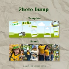 two photoshopped images of people in yellow shirts and green hats, with the words photo dump on them