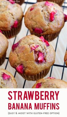 strawberry banana muffins on a cooling rack with text overlay