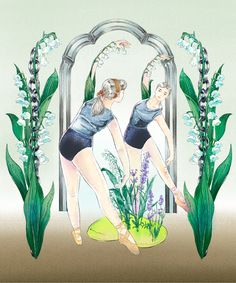 two women standing in front of a mirror with flowers and plants around them, both wearing short shorts