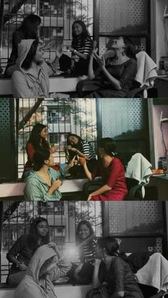 several different pictures of women sitting at a table together and one is talking to another woman